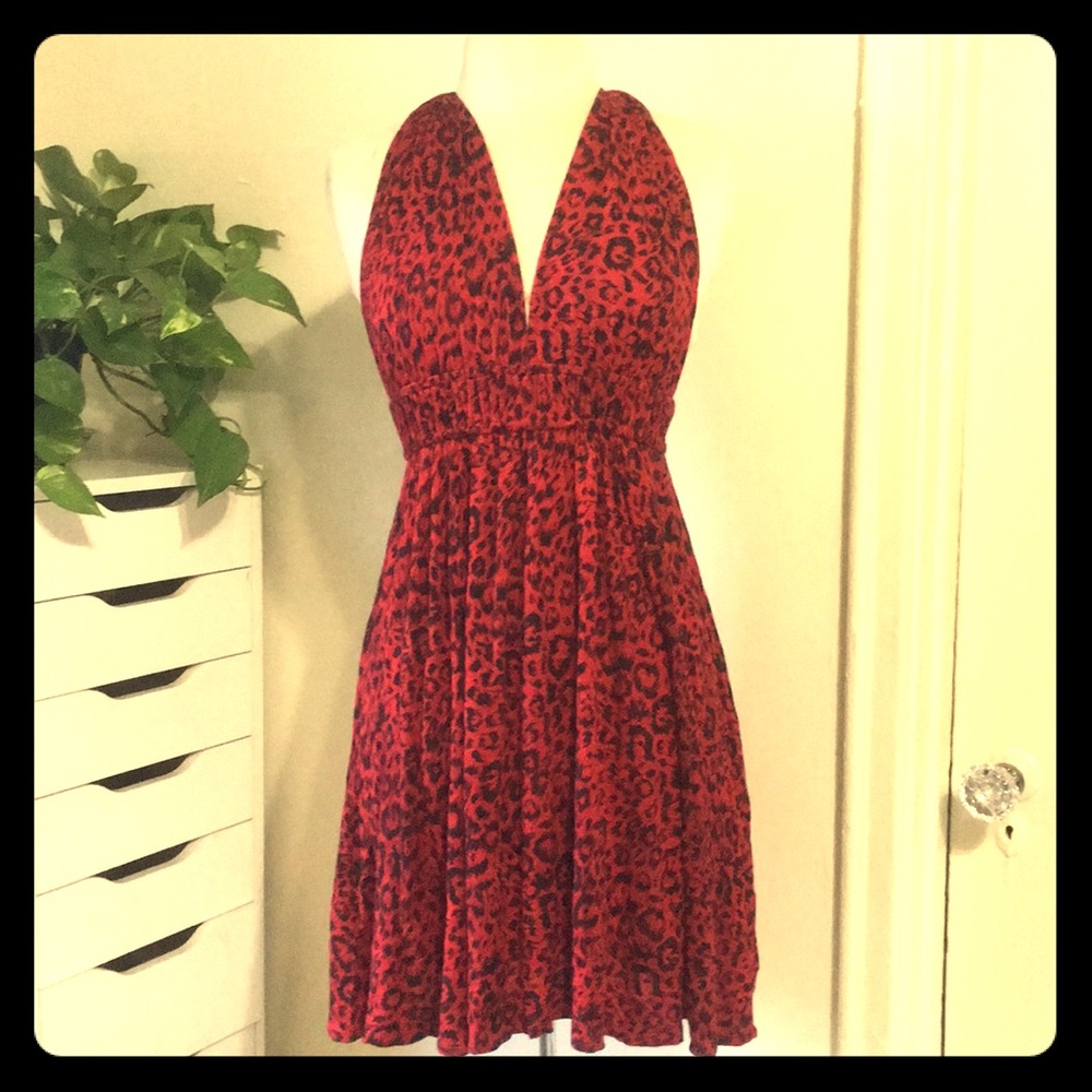 Red black leopard print jersey halter dress